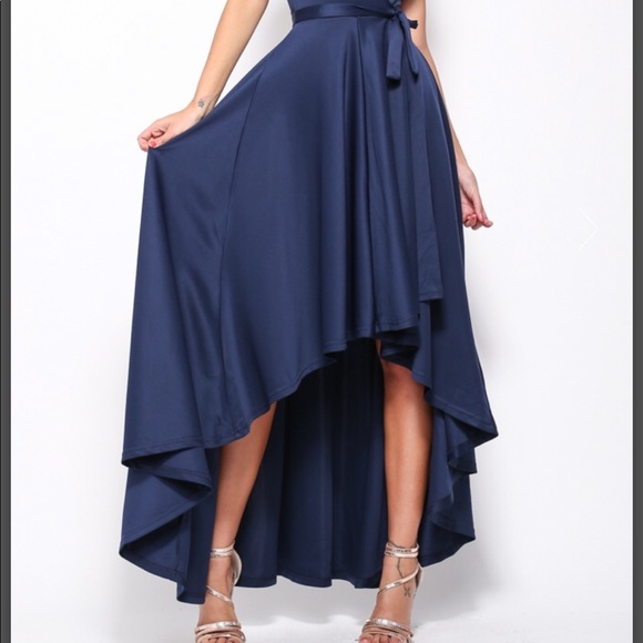 Navy high low, wrap dress - Picture 2 of 8